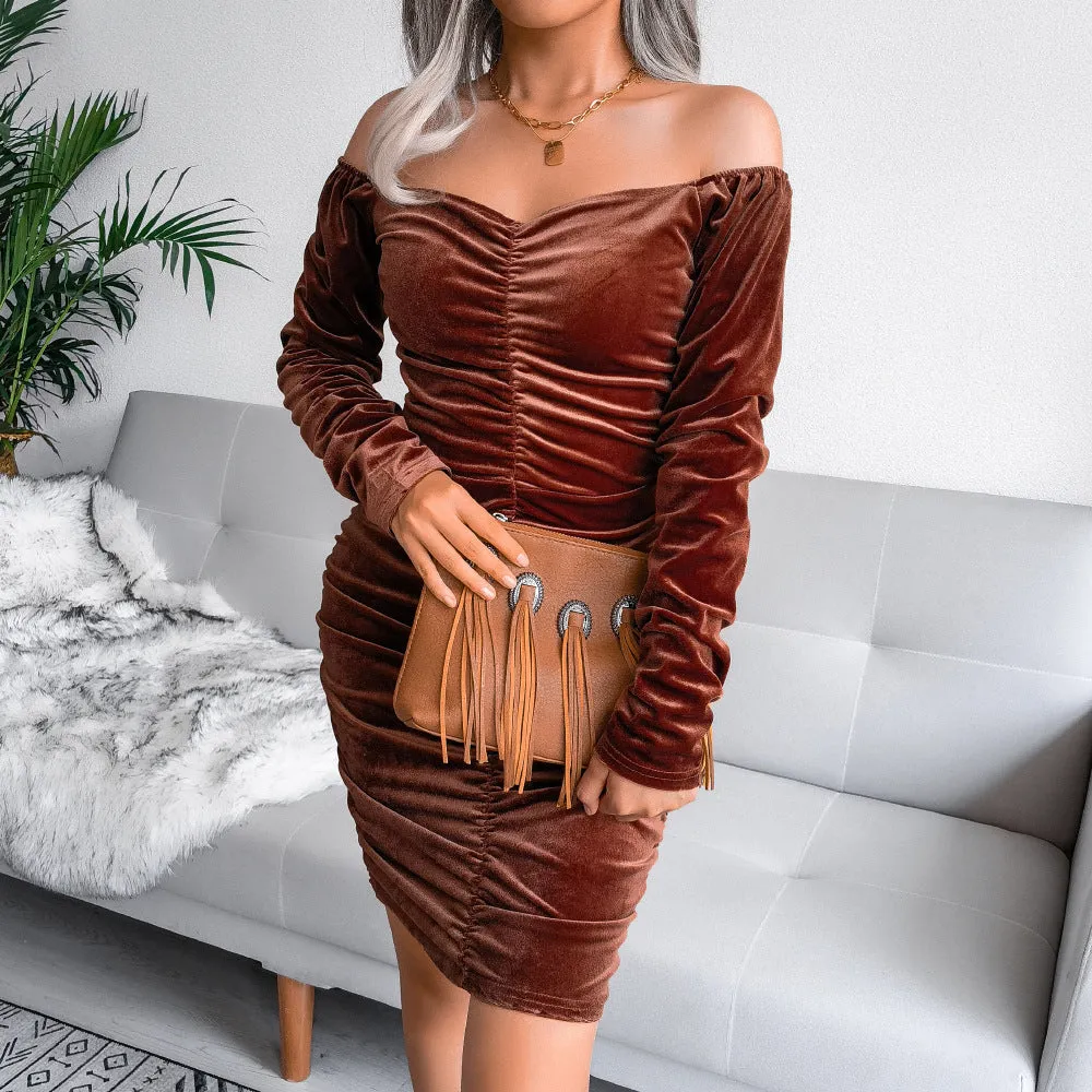 Velvet Off Shoulder Plain Bodycon Dress Wholesale