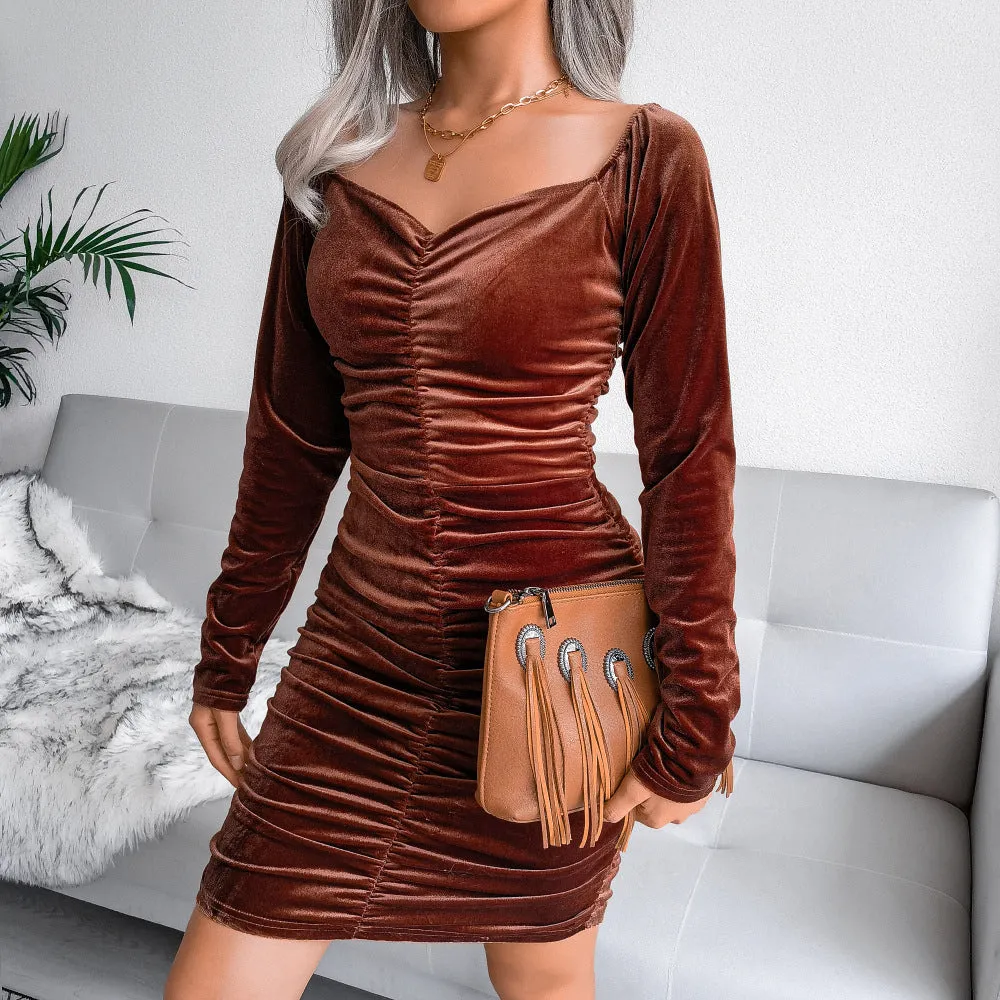 Velvet Off Shoulder Plain Bodycon Dress Wholesale