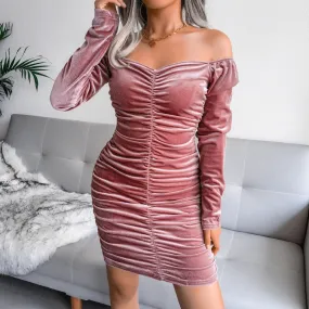 Velvet Off Shoulder Plain Bodycon Dress Wholesale