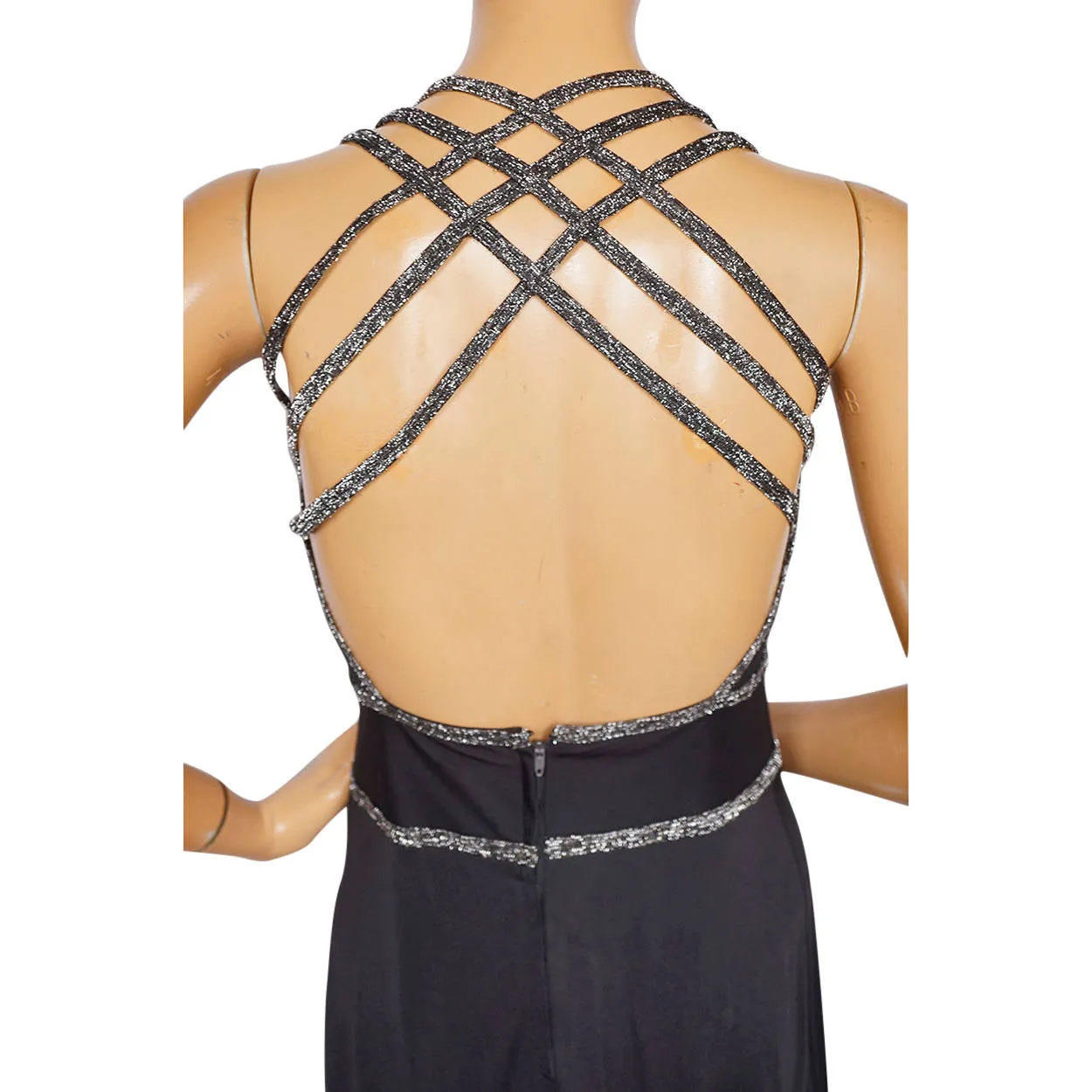 Vintage 1970s Disco Dress Black Polyester w Crisscross Silver Back Straps Size M