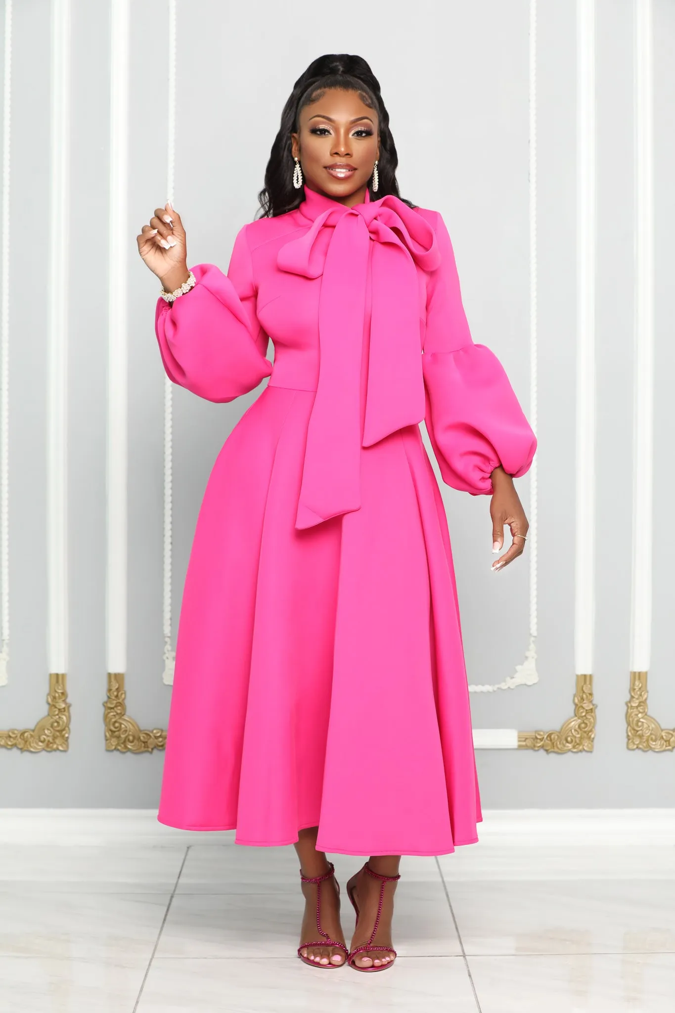 VINTAGE SELF TIE BOW FLARE MIDI DRESS (FUCHSIA)