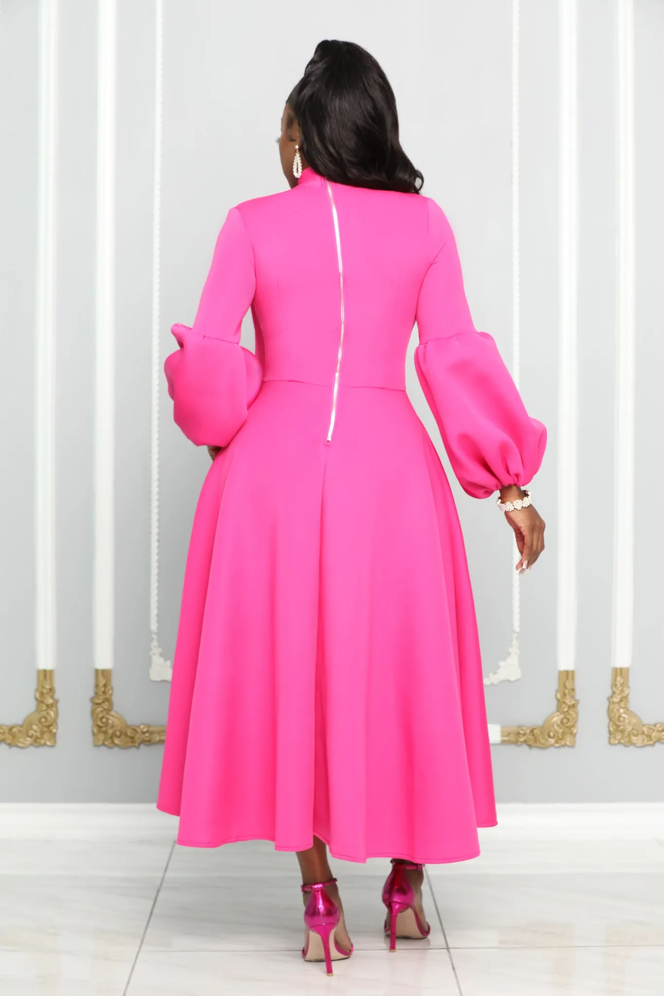 VINTAGE SELF TIE BOW FLARE MIDI DRESS (FUCHSIA)