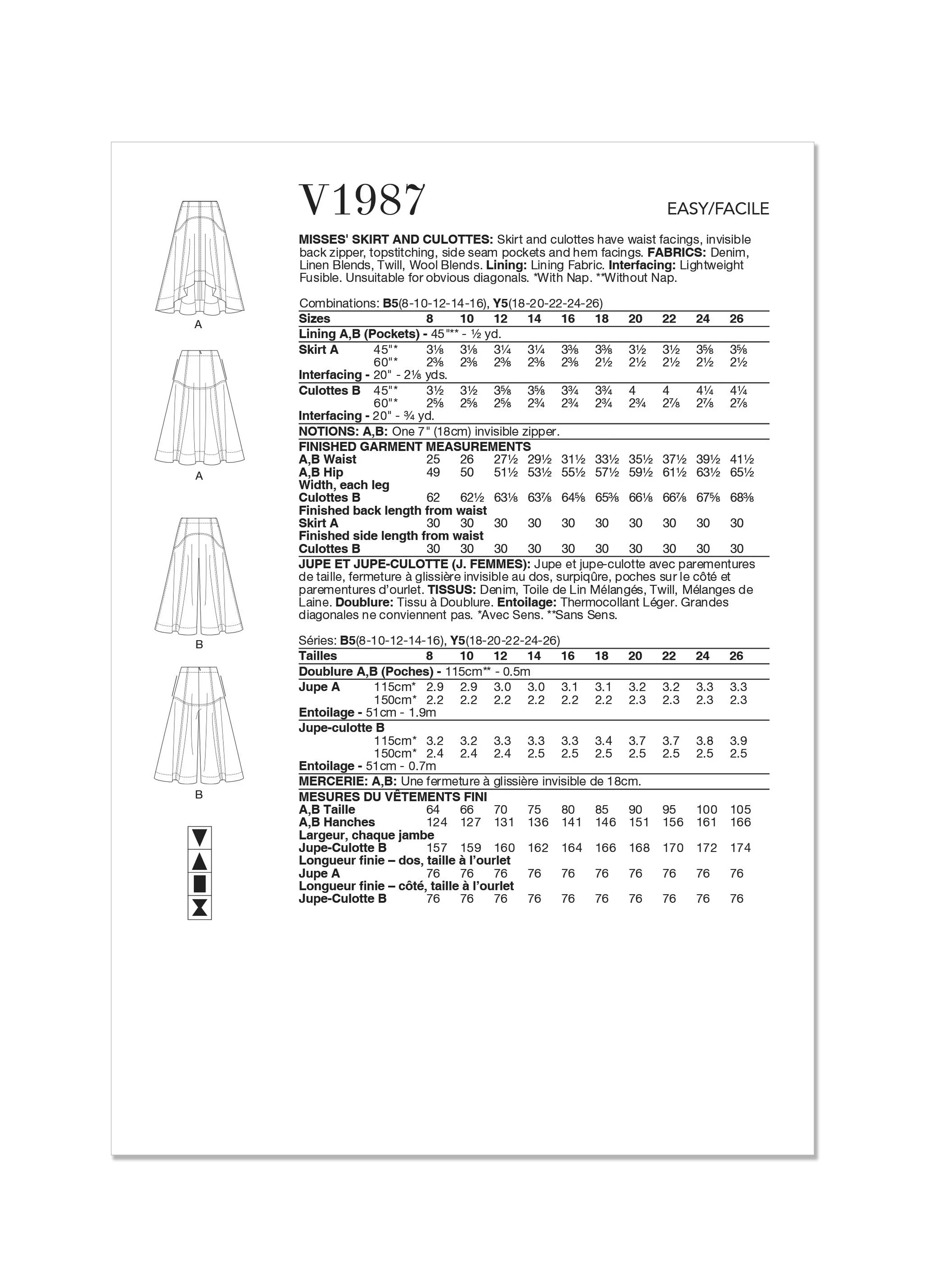 Voguepattern V1987 Misses' Skirt/Pants