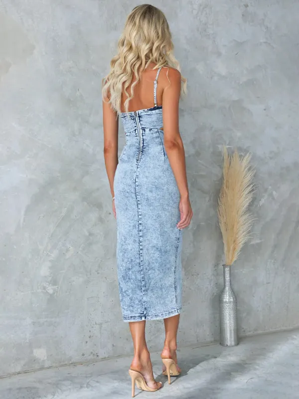 Washed Denim Cocktail Dress with Cutouts