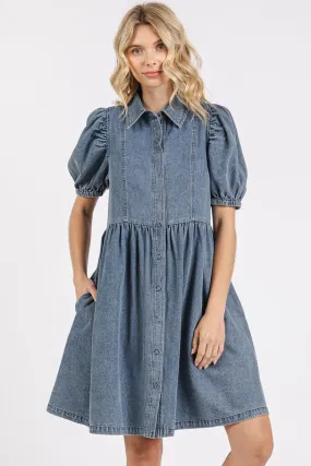 Washed Denim Puff Sleeve Dress