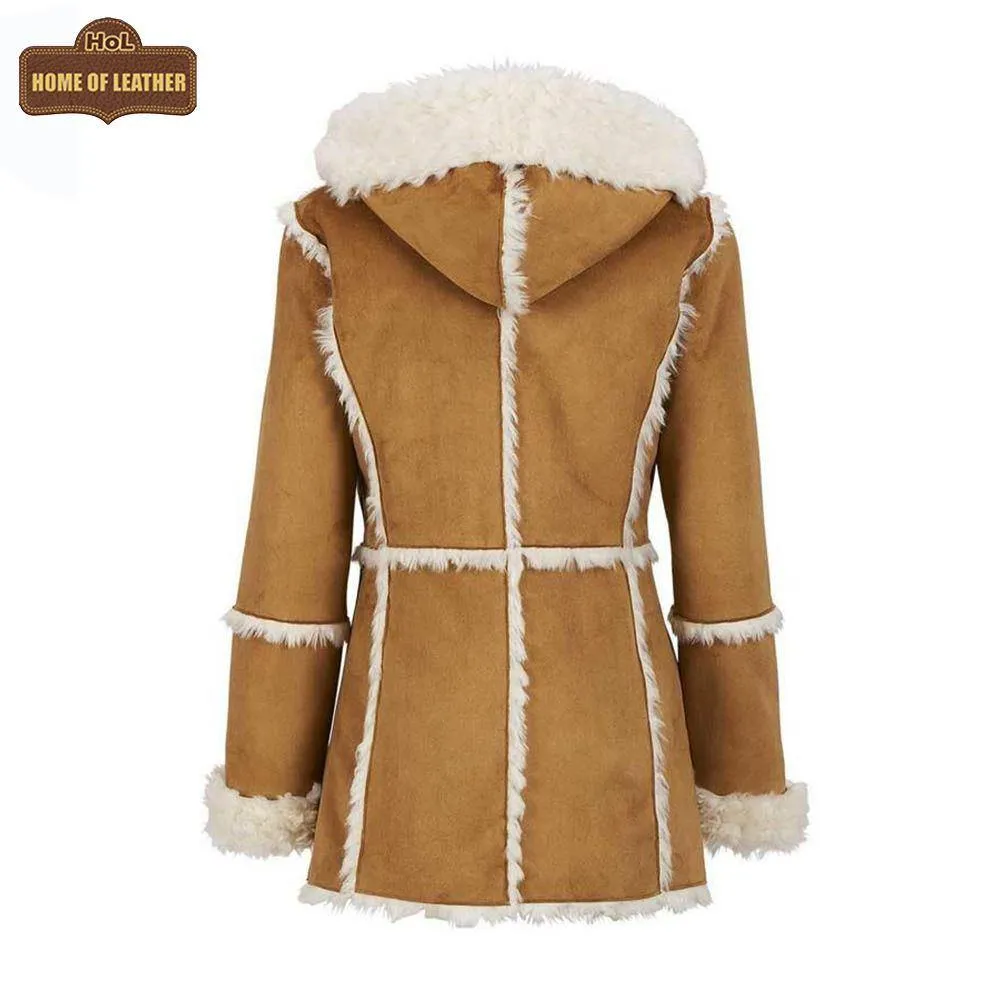 WFC03 Camel Brown Hooded Real Suede Leather Real Shearling Fur Overcoat