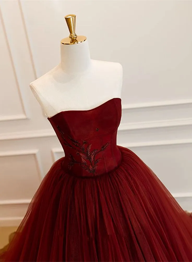 Wine Red Tulle Scoop Long Formal Dress, Wine Red Tulle Prom Dress Party Dress      fg5044