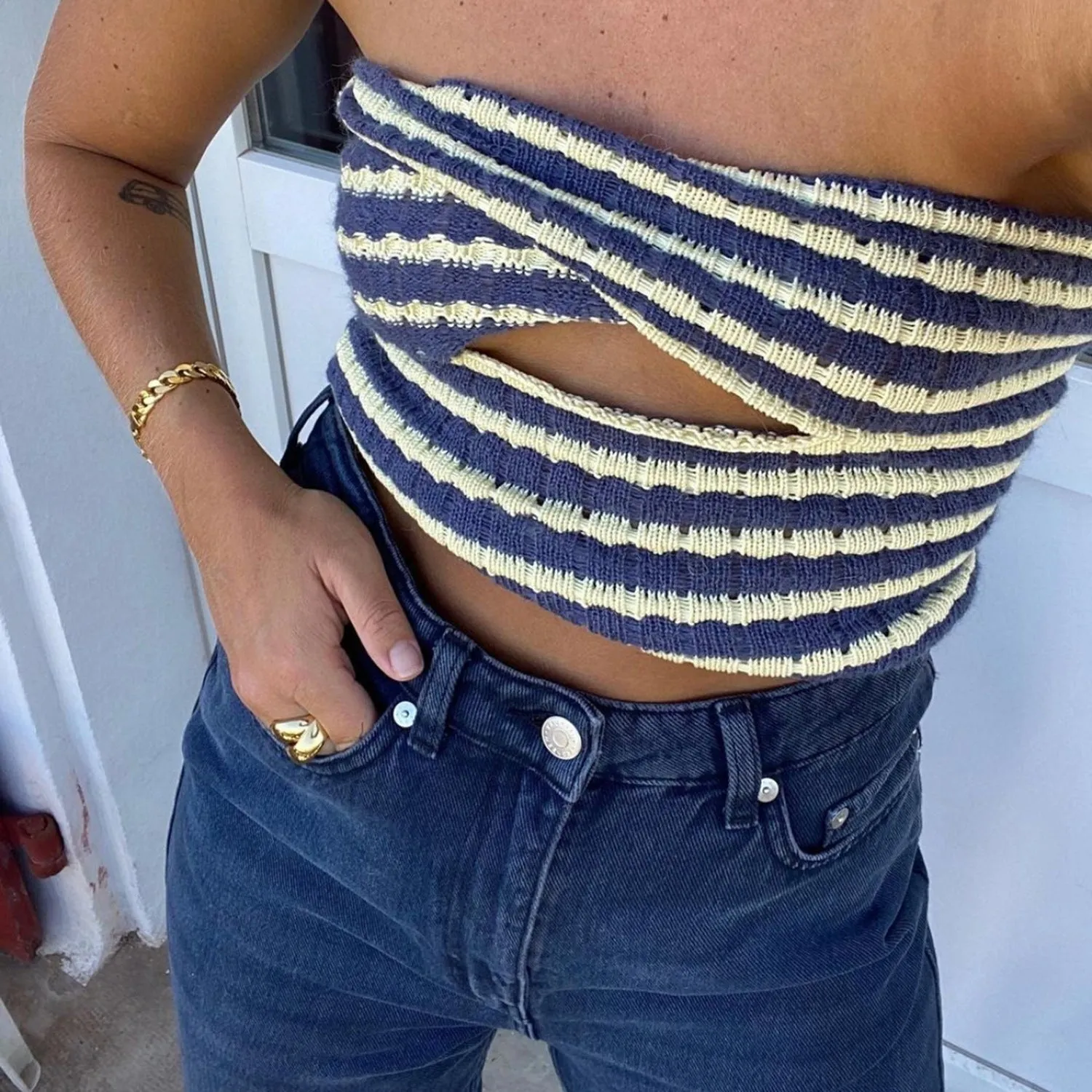 Woman Sexy Striped Sweater Knit Tube Top Tank Top