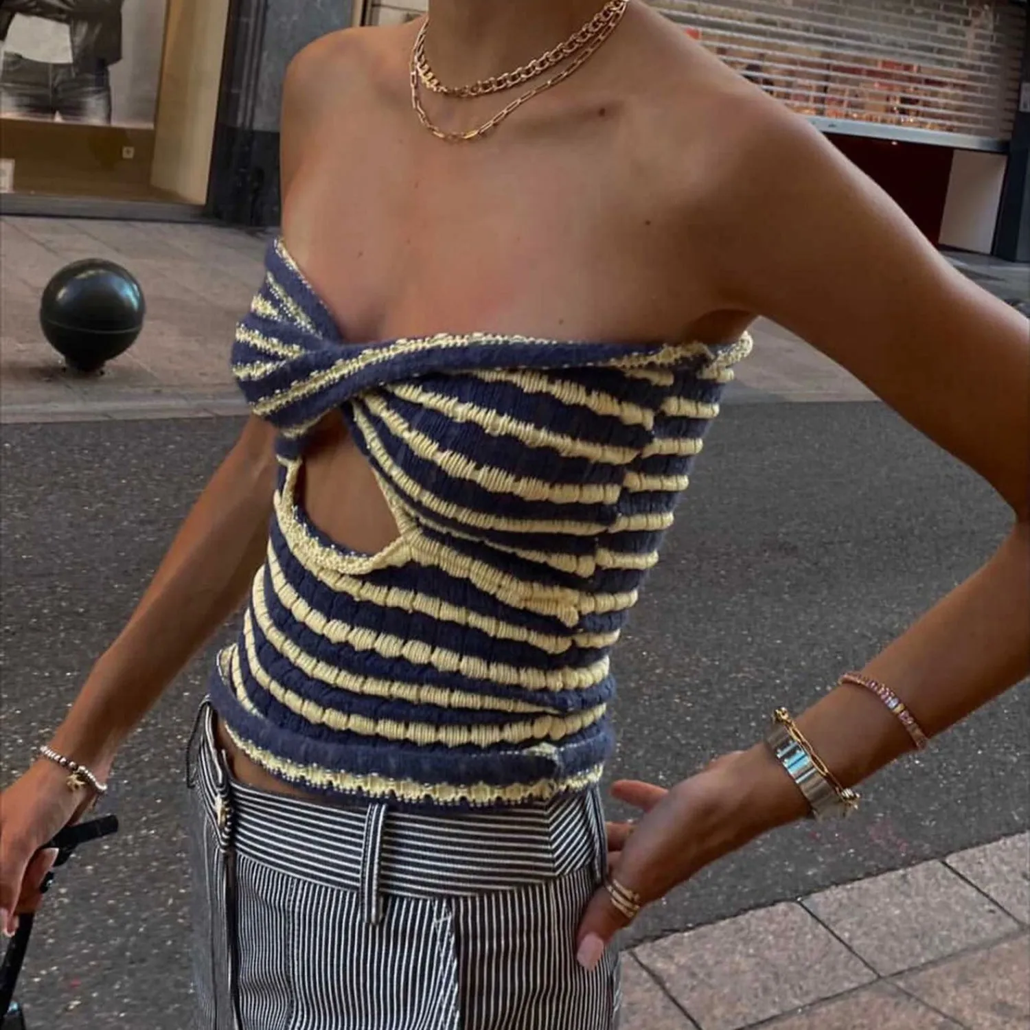 Woman Sexy Striped Sweater Knit Tube Top Tank Top