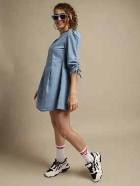 Women Sky Blue Denim Flared Mini Dress