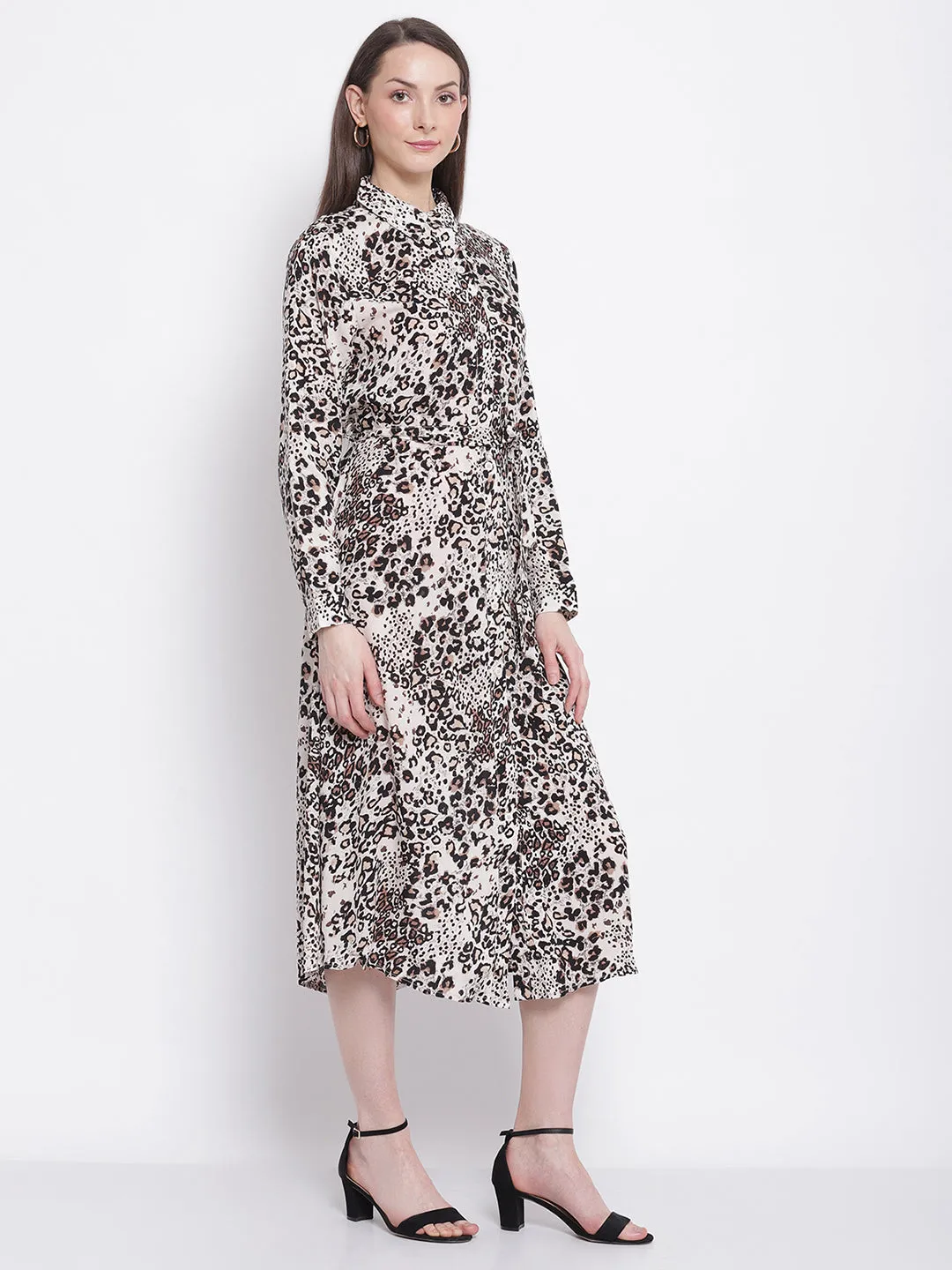 Women White Brownish & Black Snowvy Snow Leopard Print Knee Length Dress