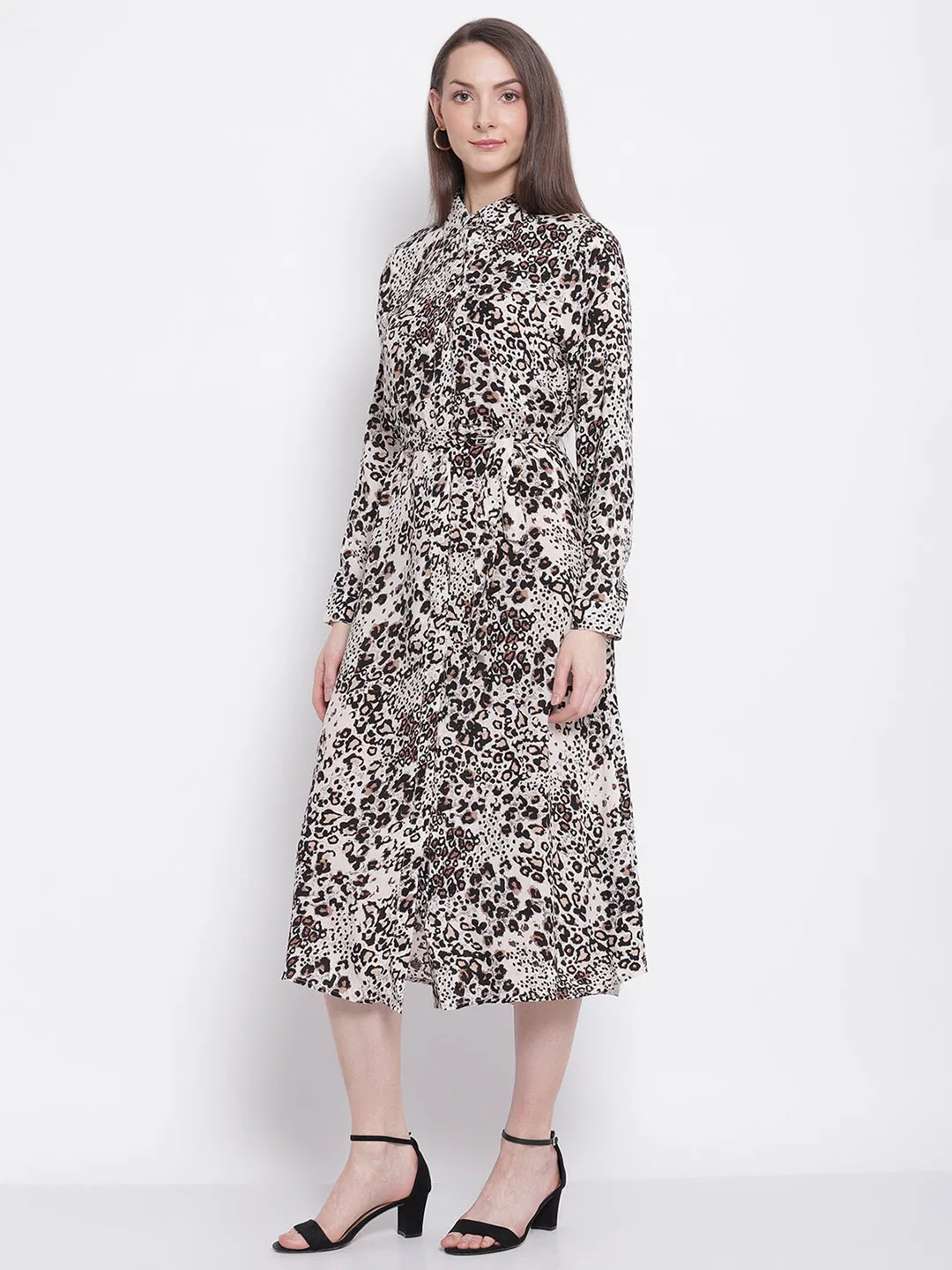 Women White Brownish & Black Snowvy Snow Leopard Print Knee Length Dress