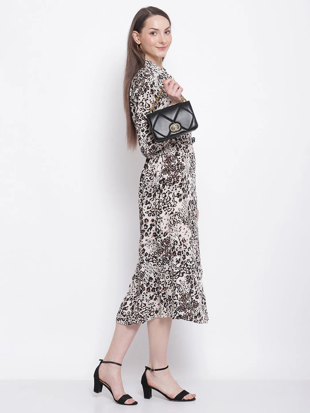 Women White Brownish & Black Snowvy Snow Leopard Print Knee Length Dress