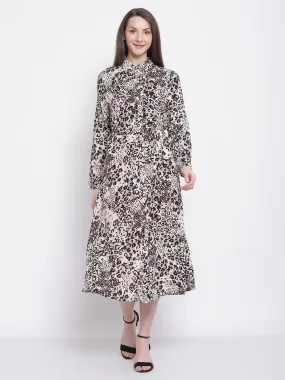 Women White Brownish & Black Snowvy Snow Leopard Print Knee Length Dress