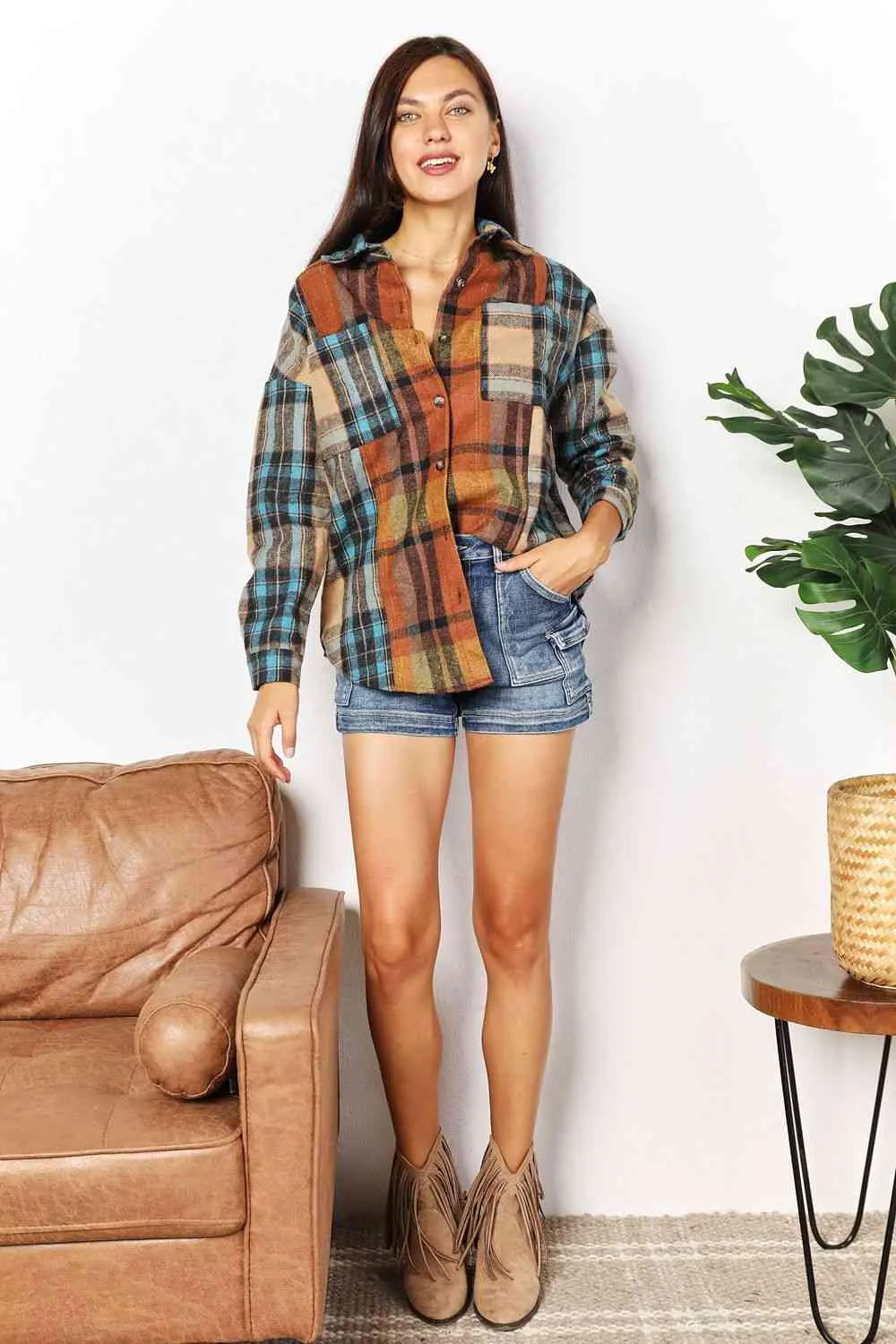 Women's Double Take Plaid Curved Hem Shirt Jacket with Breast Pockets