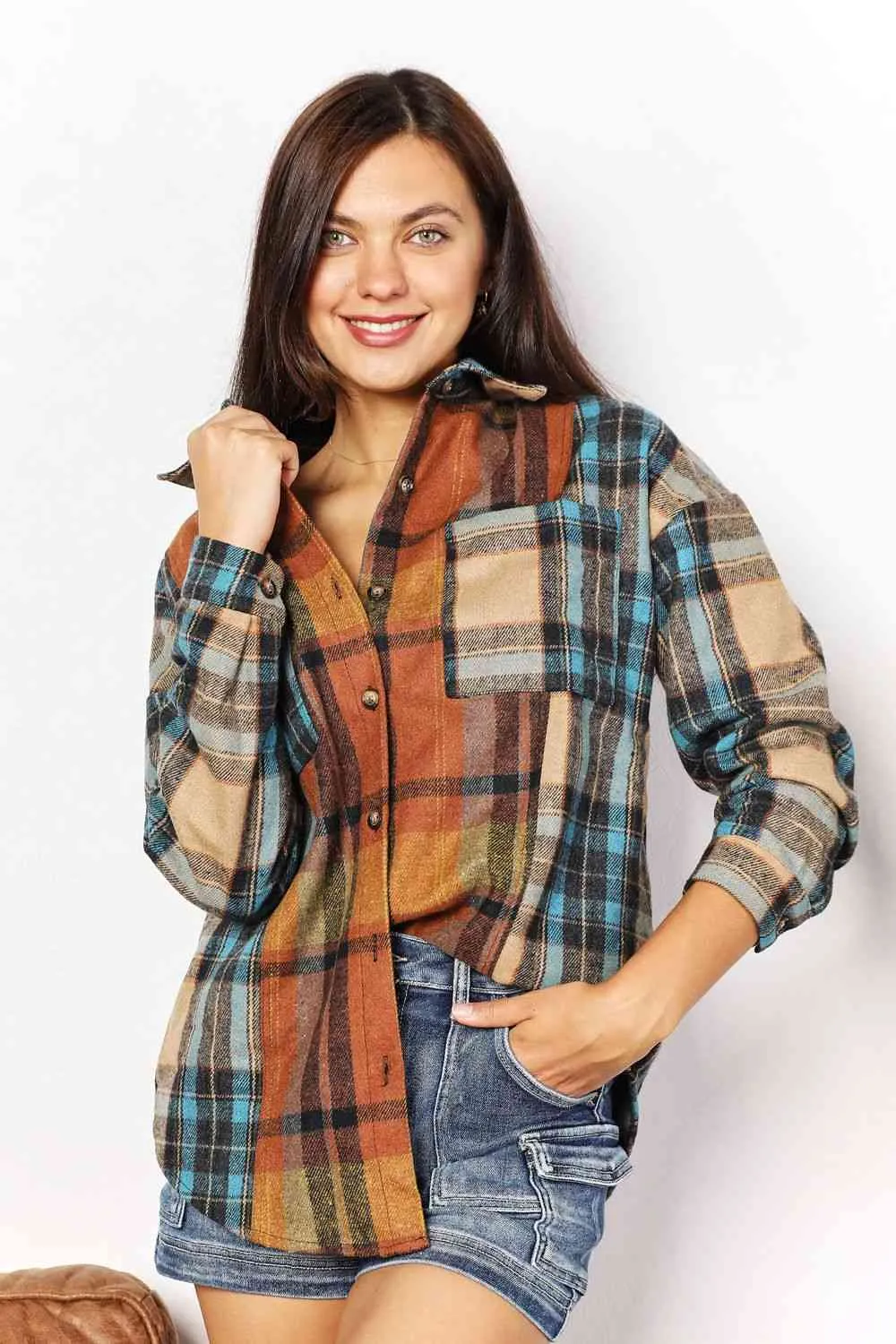 Women's Double Take Plaid Curved Hem Shirt Jacket with Breast Pockets