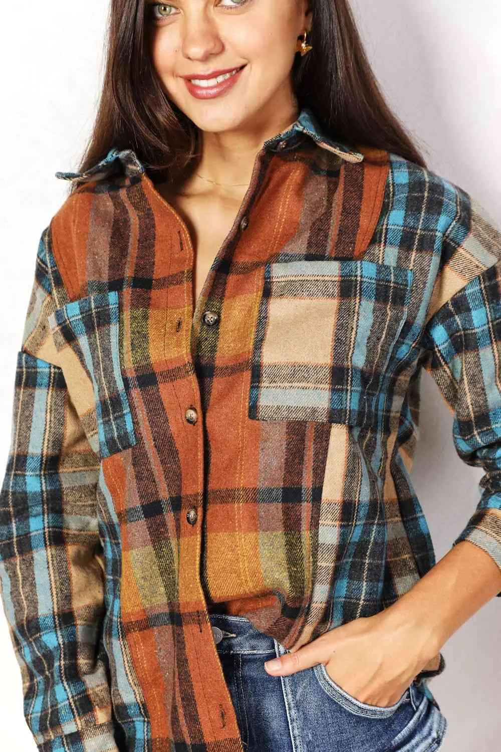 Women's Double Take Plaid Curved Hem Shirt Jacket with Breast Pockets