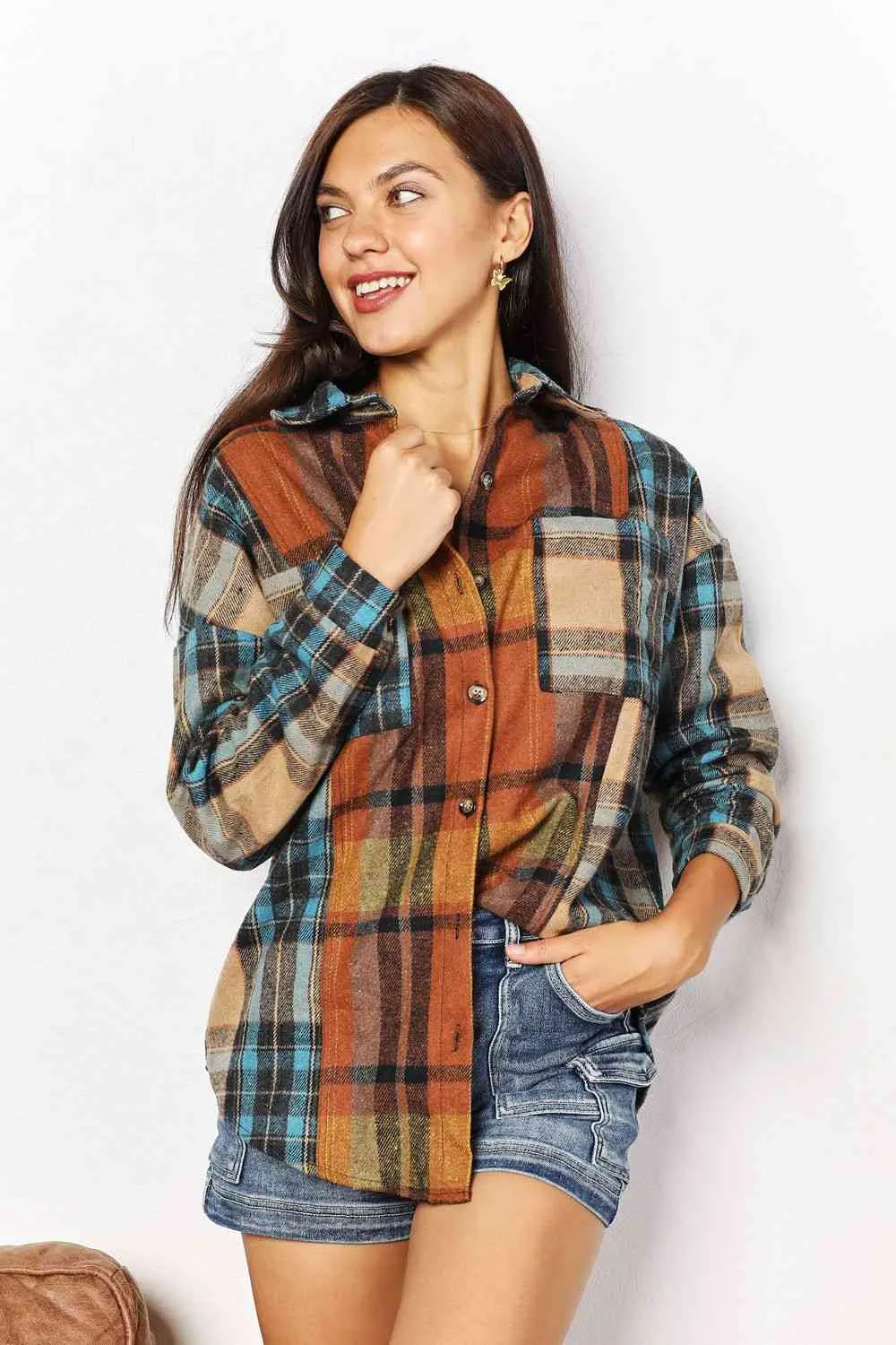 Women's Double Take Plaid Curved Hem Shirt Jacket with Breast Pockets