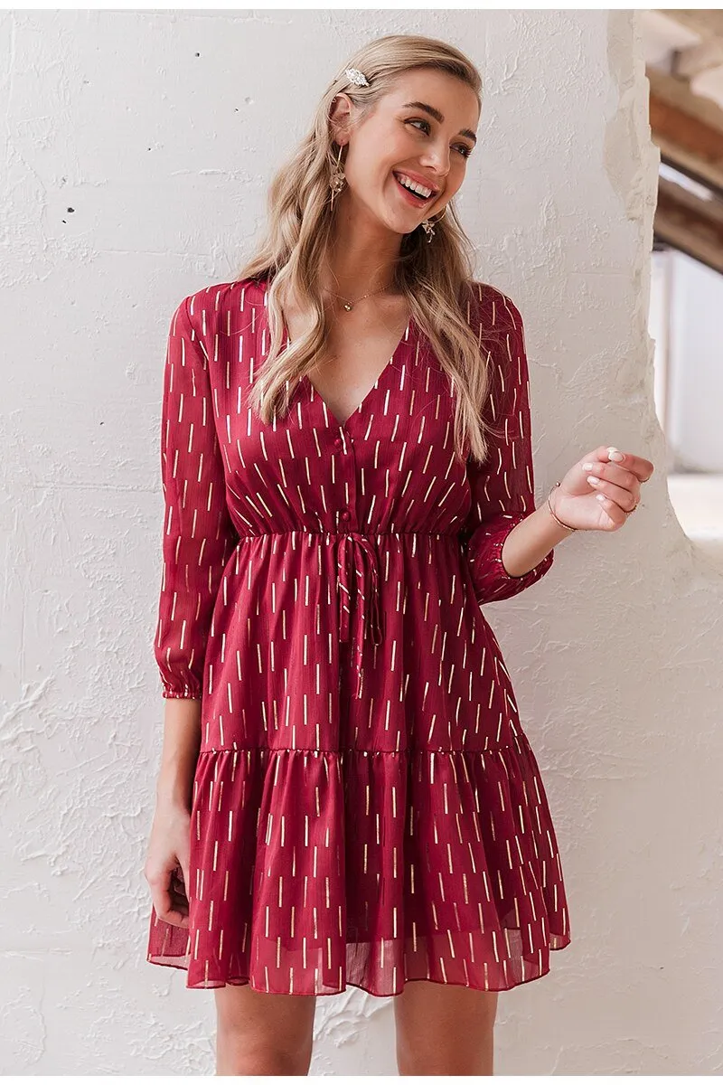 Women's V-neck Ruffled Striped Print High Waist Lantern Summer Spring Long Sleeve Dress