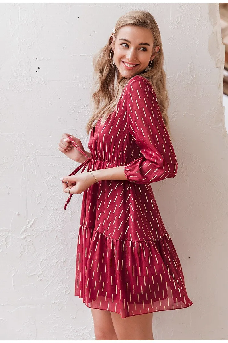 Women's V-neck Ruffled Striped Print High Waist Lantern Summer Spring Long Sleeve Dress