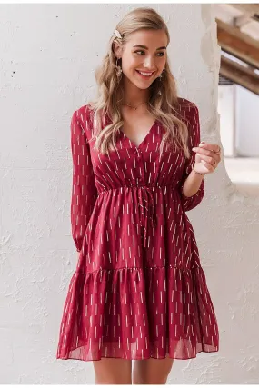 Women's V-neck Ruffled Striped Print High Waist Lantern Summer Spring Long Sleeve Dress