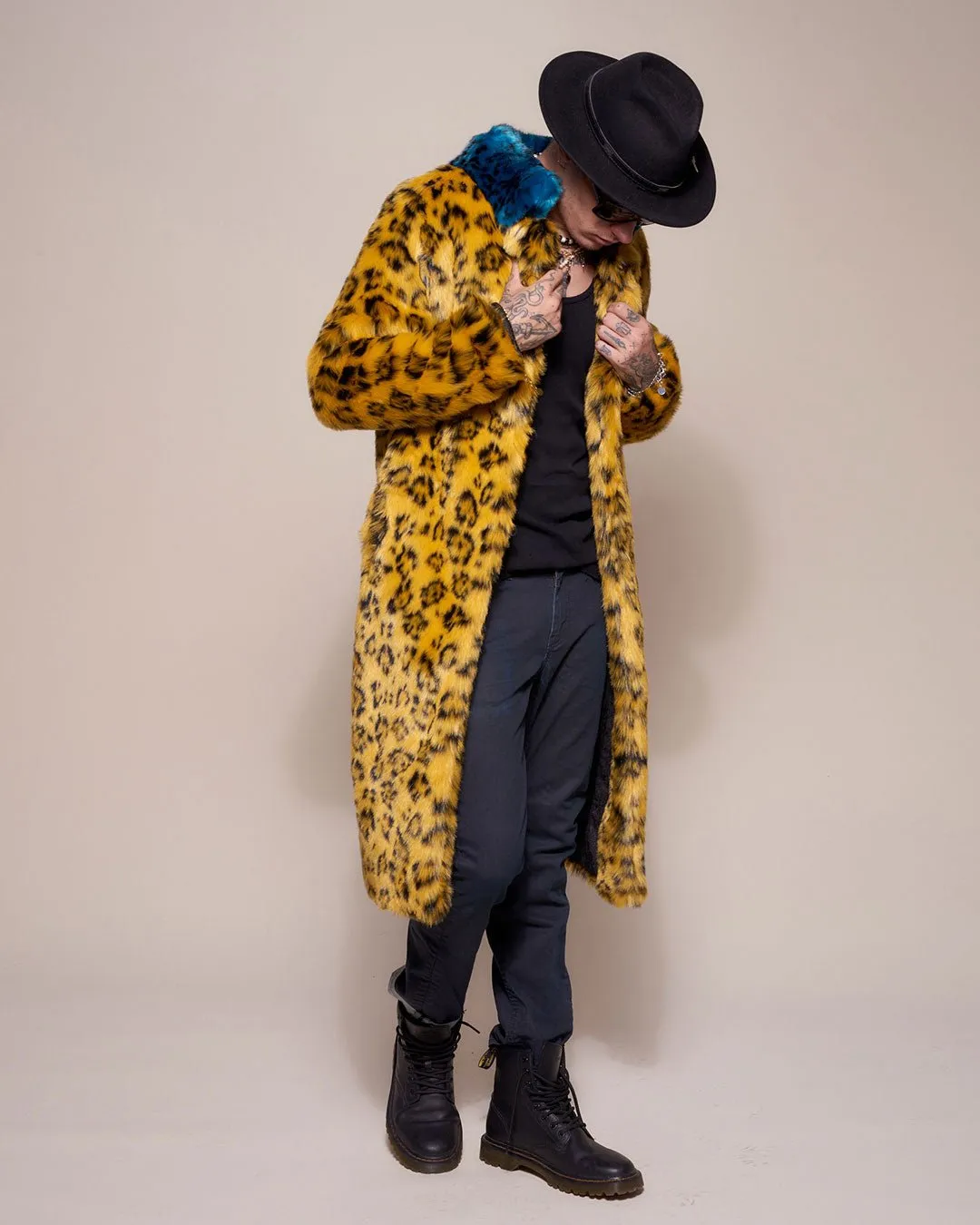 Yellow Cheetah Calf Length Faux Fur Coat | Men's