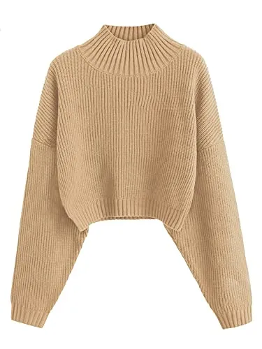 ZAFUL Women's Cropped Turtleneck Sweater Lantern Sleeve Ribbed Knit Pullover Sweater Jumper (1-Tan, M)