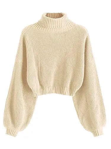 ZAFUL Women's Cropped Turtleneck Sweater Lantern Sleeve Ribbed Knit Pullover Sweater Jumper (2-Apricot, M)