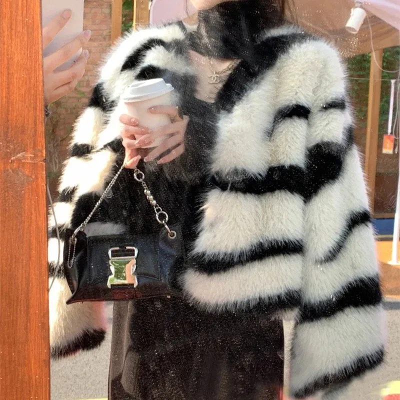 Zebra Pattern Fluffy Fur Thick Warm Overcoats