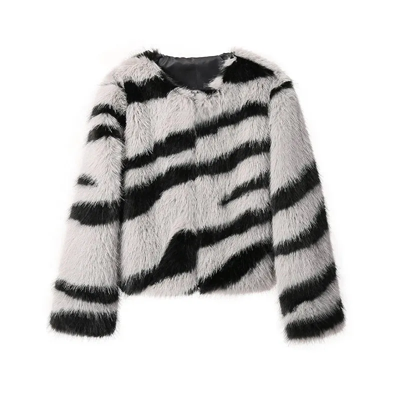 Zebra Pattern Fluffy Fur Thick Warm Overcoats