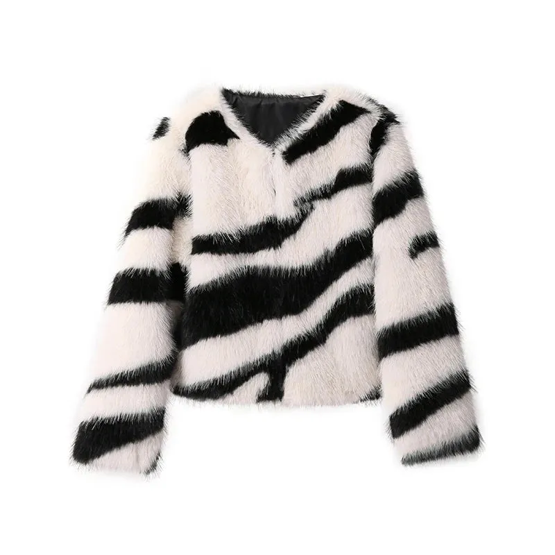 Zebra Pattern Fluffy Fur Thick Warm Overcoats