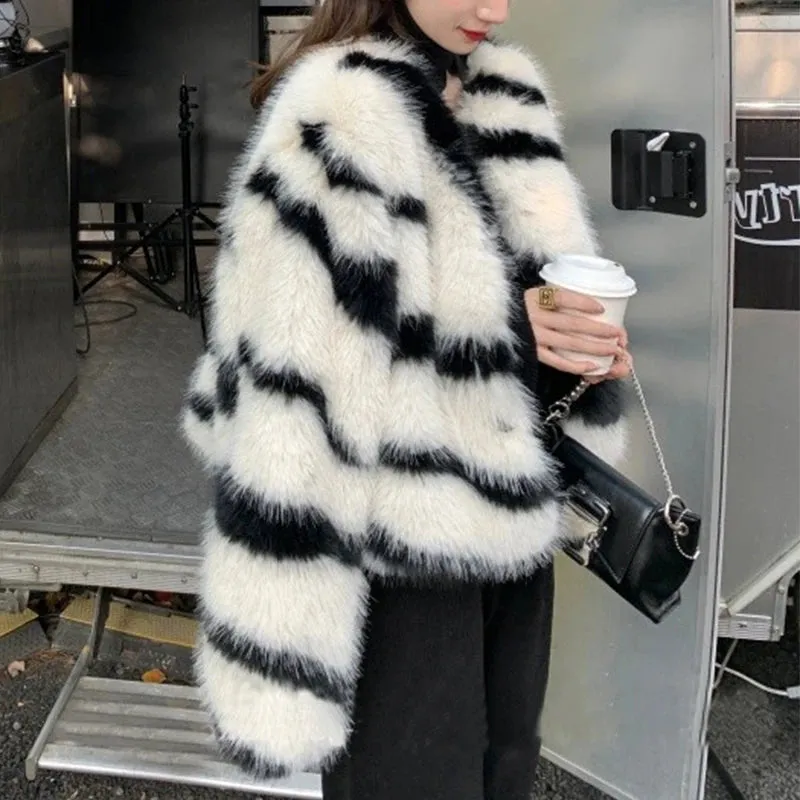 Zebra Pattern Fluffy Fur Thick Warm Overcoats