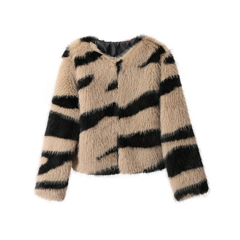 Zebra Pattern Fluffy Fur Thick Warm Overcoats