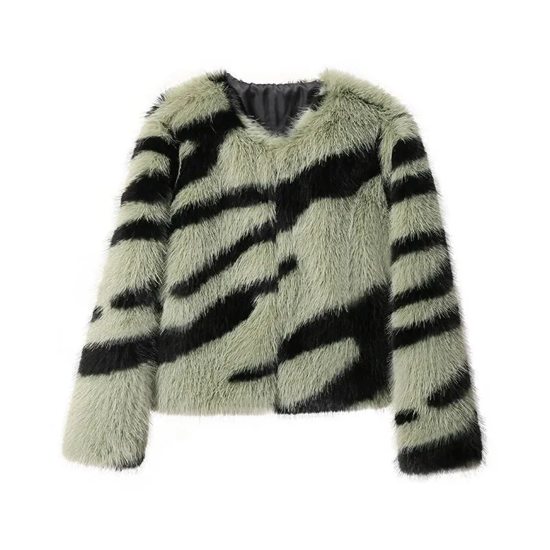 Zebra Pattern Fluffy Fur Thick Warm Overcoats