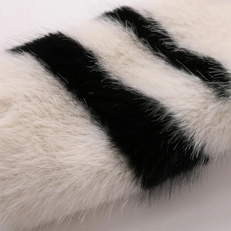 Zebra Pattern Fluffy Fur Thick Warm Overcoats