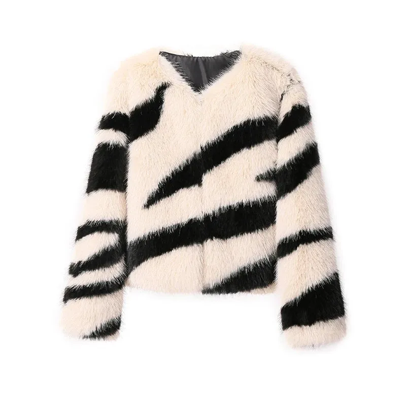 Zebra Pattern Fluffy Fur Thick Warm Overcoats