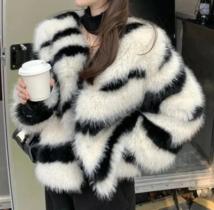 Zebra Pattern Fluffy Fur Thick Warm Overcoats